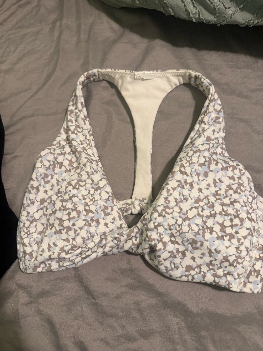 Fabletics Floral Print Racerback Sports Bra in Beige, White & Light Blue size S